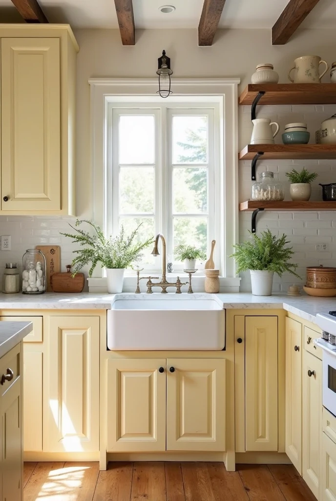 A bright and charming farmhouse kitchen featuring pale yellow Shaker-style cabinets with classic recessed paneling. The cabinets create a soft, airy atmosphere, paired with white countertops—either quartz or marble—for a clean and fresh look. A large white apron-front farmhouse sink adds to the nostalgic country vibe. Include rustic wooden elements like open shelving or ceiling beams, and subtle vintage accents such as ceramic pitchers, mason jars, and potted herbs. Natural daylight streams in through a window, casting a warm, inviting glow. The overall aesthetic is light, welcoming, and full of farmhouse charm. High-resolution, interior photography, natural light, soft color palette, 4K, rustic elegance
