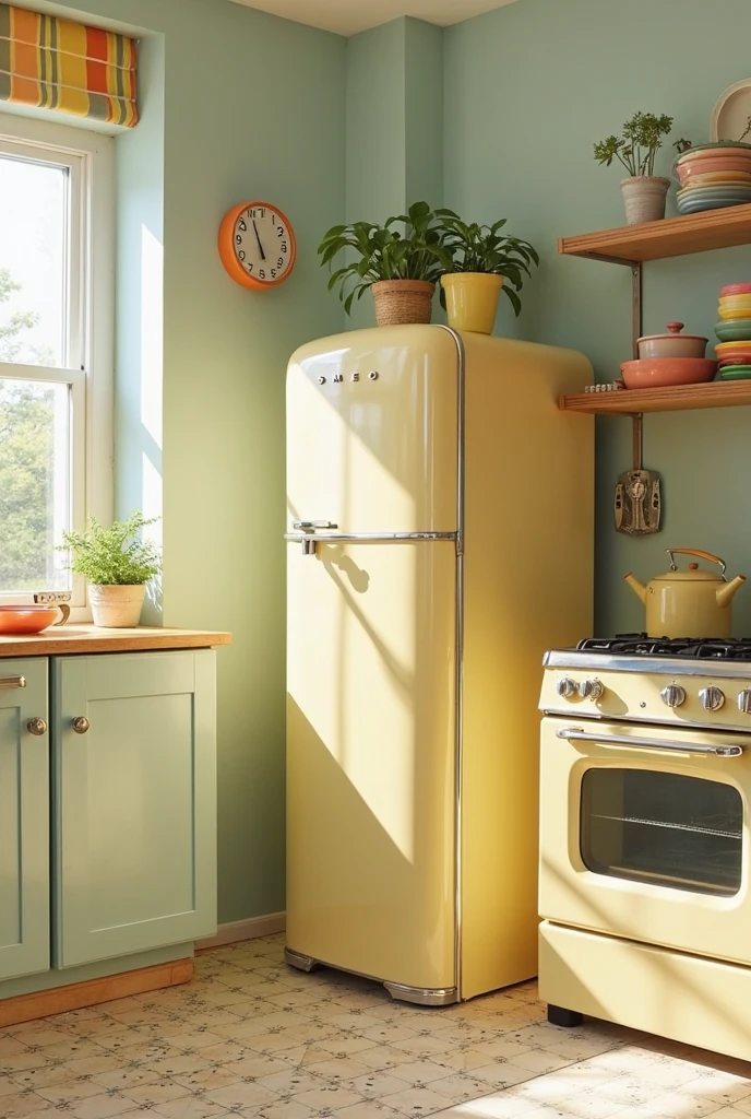 A charming kitchen featuring retro-style vintage appliances in soft pastel yellow, reminiscent of SMEG designs. The appliances include a rounded refrigerator and a classic stove, adding a playful yet nostalgic vibe. Surround the appliances with light-colored cabinets and simple countertops to keep the space light and airy. Include subtle vintage touches like patterned tile flooring, open shelving with colorful dishware, and potted herbs on the windowsill. Soft natural light brightens the room, enhancing the cheerful, retro-modern atmosphere. Interior photography, cozy vintage style, 4K resolution, playful and light color palette.