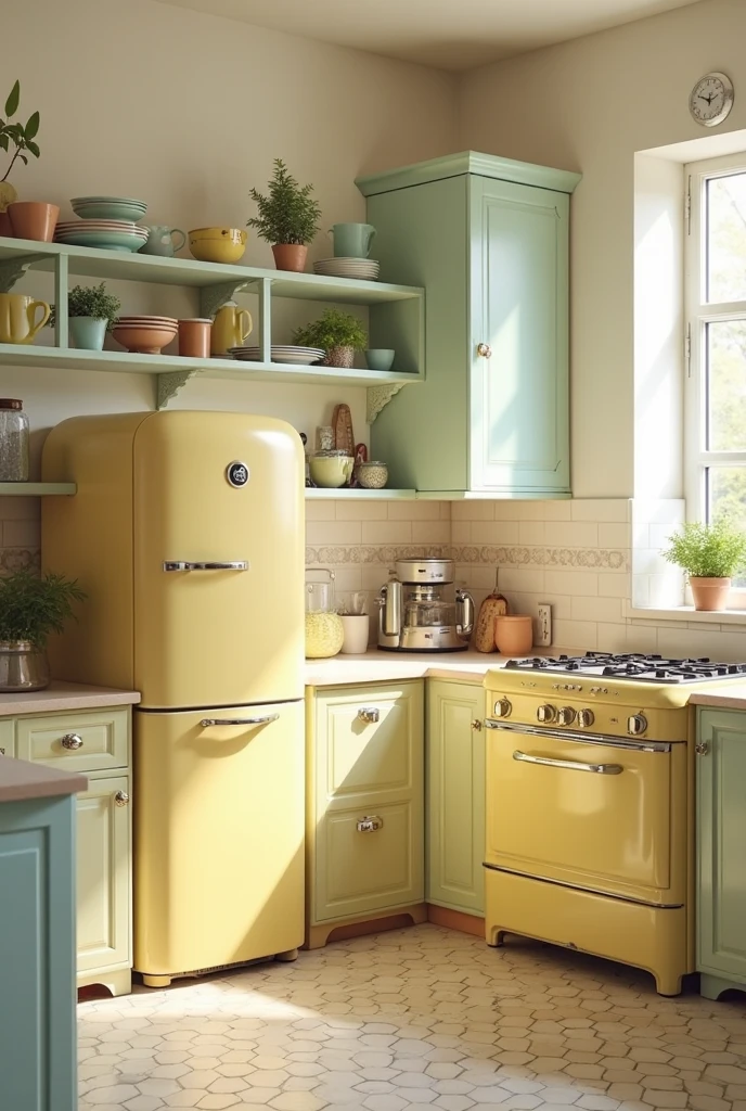 A charming kitchen featuring retro-style vintage appliances in soft pastel yellow, reminiscent of SMEG designs. The appliances include a rounded refrigerator and a classic stove, adding a playful yet nostalgic vibe. Surround the appliances with light-colored cabinets and simple countertops to keep the space light and airy. Include subtle vintage touches like patterned tile flooring, open shelving with colorful dishware, and potted herbs on the windowsill. Soft natural light brightens the room, enhancing the cheerful, retro-modern atmosphere. Interior photography, cozy vintage style, 4K resolution, playful and light color palette.