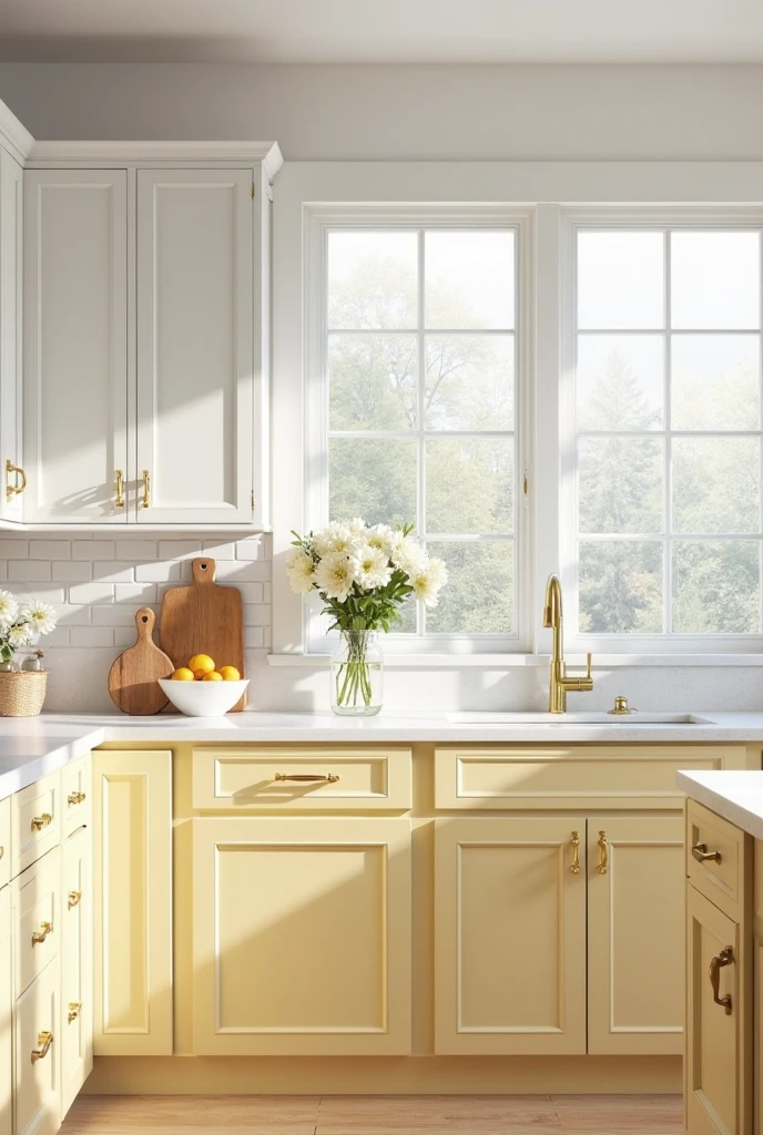 A bright, beautifully balanced kitchen with a two-tone color scheme: creamy yellow lower cabinets and crisp white upper cabinets. The creamy yellow base cabinets bring warmth and charm, while the white uppers create a fresh, open feel. The space is light-filled, with soft natural sunlight streaming through large windows. Include white quartz countertops, a clean white tile backsplash, and minimalist brass hardware. The overall design is clean, elegant, and inviting, with subtle decor like a vase of fresh flowers and a fruit bowl. Interior photography, soft lighting, 4K resolution, airy and modern farmhouse style.