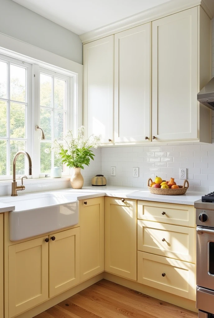A bright, beautifully balanced kitchen with a two-tone color scheme: creamy yellow lower cabinets and crisp white upper cabinets. The creamy yellow base cabinets bring warmth and charm, while the white uppers create a fresh, open feel. The space is light-filled, with soft natural sunlight streaming through large windows. Include white quartz countertops, a clean white tile backsplash, and minimalist brass hardware. The overall design is clean, elegant, and inviting, with subtle decor like a vase of fresh flowers and a fruit bowl. Interior photography, soft lighting, 4K resolution, airy and modern farmhouse style.