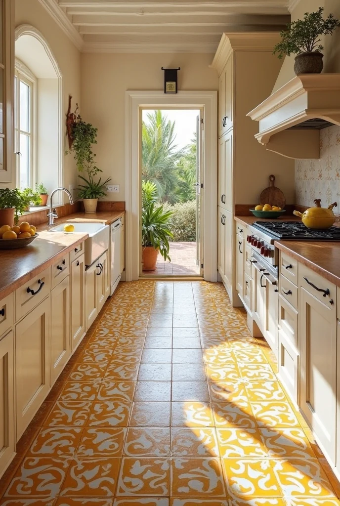 A Mediterranean-inspired kitchen with yellow-accented encaustic tile flooring featuring intricate patterns and warm, sun-kissed tones. The floor is the standout element, adding character and charm without overwhelming the space. Neutral cabinetry in light beige balances the vibrant tiles. Include natural materials like wood countertops and subtle details such as  a few fresh herbs and l a few lemons in a bowl for a touch of Mediterranean life. Warm natural light flows in through nearby windows, highlighting the texture and color of the tiles. The overall aesthetic is bright, inviting, and artfully balanced. Interior photography, high-resolution, 4K, Mediterranean style with modern elegance.