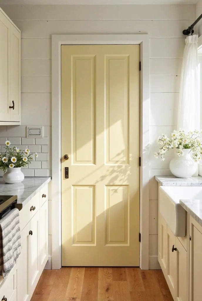 A charming cottage-core kitchen with a single pantry door painted in soft pastel yellow, standing out sweetly against white shiplap walls. The pantry door features vintage-style paneling and a delicate antique brass knob. Surrounding cabinetry is painted in soft ivory with classic Shaker-style fronts, and the countertops are white marble. The backsplash is made of small white ceramic tiles in a subway pattern with light gray grout. A small bouquet of daisies sits in a white ceramic vase on the counter, and a striped linen tea towel hangs from a drawer handle. The floor is warm-toned natural wood with a matte finish. Soft morning sunlight filters through a nearby window with sheer white curtains. Interior photography, high-resolution, 4K, soft and cozy cottage aesthetic.