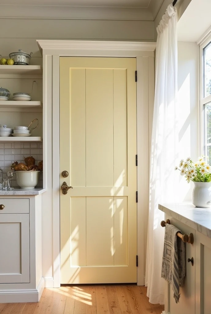 A charming cottage-core kitchen with a single pantry door painted in soft pastel yellow, standing out sweetly against white shiplap walls. The pantry door features vintage-style paneling and a delicate antique brass knob. Surrounding cabinetry is painted in soft ivory with classic Shaker-style fronts, and the countertops are white marble. The backsplash is made of small white ceramic tiles in a subway pattern with light gray grout. A small bouquet of daisies sits in a white ceramic vase on the counter, and a striped linen tea towel hangs from a drawer handle. The floor is warm-toned natural wood with a matte finish. Soft morning sunlight filters through a nearby window with sheer white curtains. Interior photography, high-resolution, 4K, soft and cozy cottage aesthetic.
