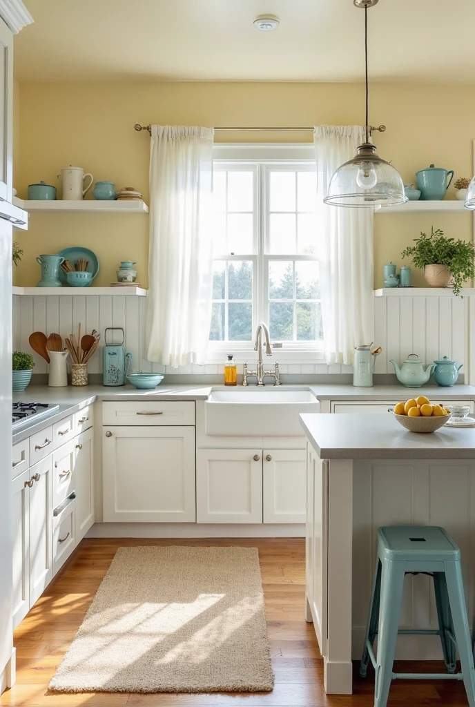 A serene coastal kitchen with smooth buttermilk yellow walls that evoke soft sunlight. The lower half of the walls is covered with white beadboard paneling topped with a narrow white trim rail. The cabinetry is painted bright white with shaker-style doors and simple brushed nickel knobs. The countertops are light gray soapstone with subtle veining. Above the sink, a large window framed in white allows natural daylight to flood the room, and sheer white curtains gently sway in the breeze. Soft blue ceramic accessories, including a set of mixing bowls, a utensil crock, and a vintage-style teapot, are arranged on the counter and open white shelves. A pale jute rug lies on honey-toned hardwood floors, and a trio of light blue metal bar stools lines one side of the white-painted kitchen island. Above the island, two clear glass pendant lights with brushed nickel fixtures hang in perfect symmetry. A small bowl of lemons adds a bright, natural accent. Interior photography, high-resolution, 4K, bright coastal cottage aesthetic with soft textures and seaside charm.