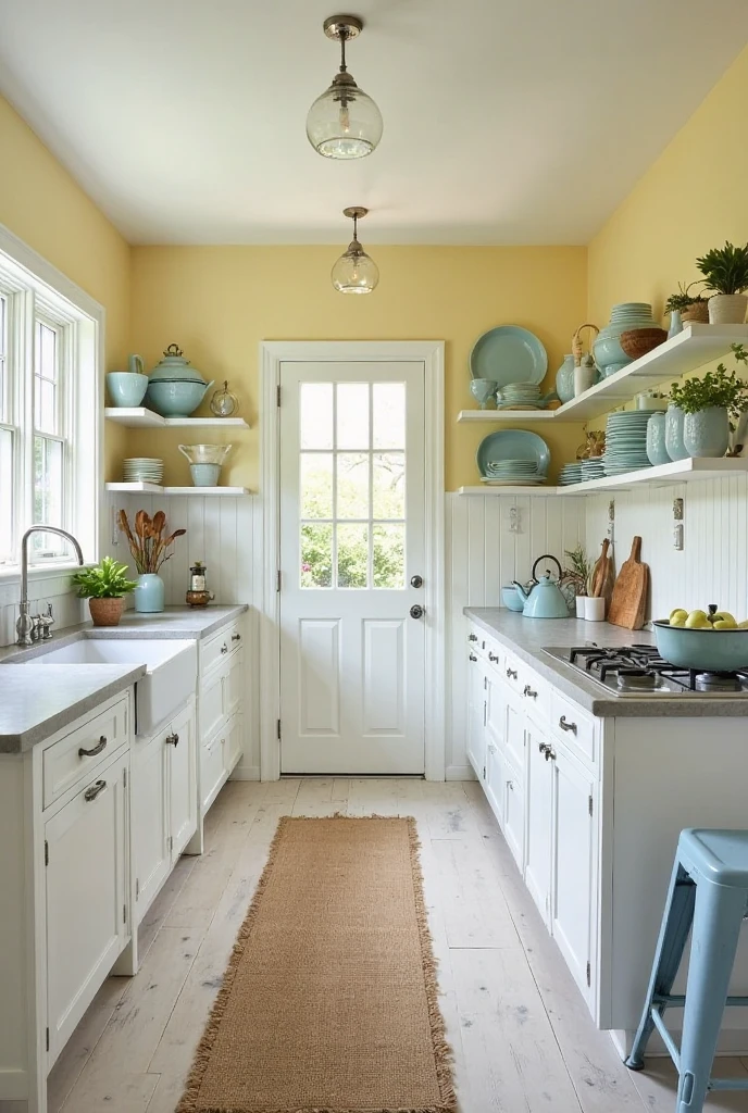 A narrow galley-style coastal kitchen with buttermilk yellow walls that bring warmth and brightness to the long, compact space. White beadboard paneling runs along the lower half of the walls, topped with simple white trim. On one side of the galley, white Shaker cabinets stretch from floor to ceiling, with light gray stone countertops and an integrated white farmhouse sink positioned beneath a tall window that floods the kitchen with natural light. Across from the cabinetry, a continuous run of open white shelves displays neatly arranged soft blue ceramic dishware, vintage glass jars, and a pale blue kettle. A slim white kitchen island runs lengthwise through the center of the space, offering additional prep area and casual seating with two light blue metal stools tucked beneath it. The flooring is pale, weathered wood planks that evoke driftwood, and a natural jute runner rug spans the length of the galley. Above, two clear glass pendant lights with brushed nickel fixtures hang from the white ceiling, adding gentle illumination. The space is open, airy, and evokes a breezy, seaside charm. Interior photography, high-resolution, 4K, coastal cottage aesthetic with a functional and stylish galley layout.