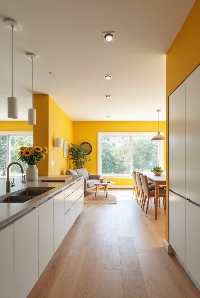 A spacious open-plan kitchen seamlessly connected to a dining and living area, with walls painted in a soft sun-washed yellow that glows gently in natural daylight. The yellow hue subtly defines the kitchen zone without the use of physical partitions. The cabinetry is matte white with slab-style doors and long brushed stainless steel handles. The countertops are smooth light gray concrete with a waterfall edge on the kitchen island. A full-height pantry wall is built into one side, painted to match the cabinets for a clean look. Above the island, two minimalist white cylinder pendant lights hang from a smooth white ceiling. The flooring throughout the open space is wide-plank European white oak, lightly brushed for a soft matte finish. Behind the sink, a large window framed in white floods the kitchen with light, enhancing the warmth of the yellow-painted walls. In the background, a dining area features a light wood table and six linen-upholstered chairs, while the living space includes a neutral-toned sofa and woven jute rug. A vase of sunflowers on the kitchen island echoes the yellow tones on the walls. Interior photography, high-resolution, 4K, bright modern interior with subtle color zoning and natural flow.