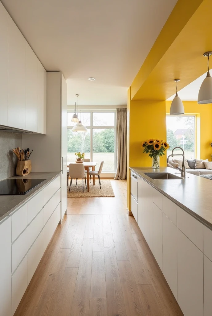 A spacious open-plan kitchen seamlessly connected to a dining and living area, with walls painted in a soft sun-washed yellow that glows gently in natural daylight. The yellow hue subtly defines the kitchen zone without the use of physical partitions. The cabinetry is matte white with slab-style doors and long brushed stainless steel handles. The countertops are smooth light gray concrete with a waterfall edge on the kitchen island. A full-height pantry wall is built into one side, painted to match the cabinets for a clean look. Above the island, two minimalist white cylinder pendant lights hang from a smooth white ceiling. The flooring throughout the open space is wide-plank European white oak, lightly brushed for a soft matte finish. Behind the sink, a large window framed in white floods the kitchen with light, enhancing the warmth of the yellow-painted walls. In the background, a dining area features a light wood table and six linen-upholstered chairs, while the living space includes a neutral-toned sofa and woven jute rug. A vase of sunflowers on the kitchen island echoes the yellow tones on the walls. Interior photography, high-resolution, 4K, bright modern interior with subtle color zoning and natural flow.