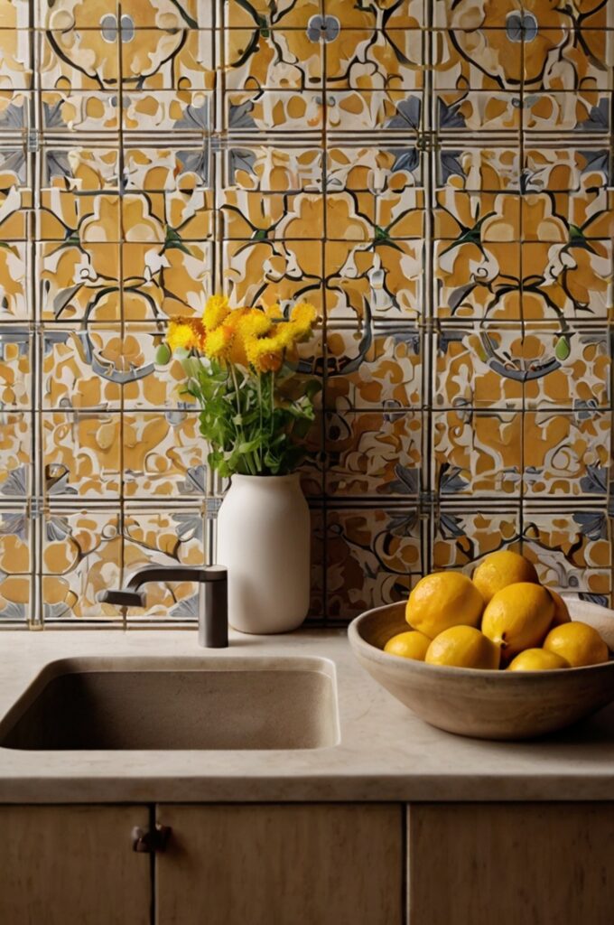 A Mediterranean-inspired kitchen with yellow-accented encaustic tile flooring featuring intricate patterns and warm, sun-kissed tones. The floor is the standout element, adding character and charm without overwhelming the space. Neutral cabinetry in light beige balances the vibrant tiles. Include natural materials like wood countertops and subtle details such as  a few fresh herbs and l a few lemons in a bowl for a touch of Mediterranean life. Warm natural light flows in through nearby windows, highlighting the texture and color of the tiles. The overall aesthetic is bright, inviting, and artfully balanced. Interior photography, high-resolution, 4K, Mediterranean style with modern elegance.