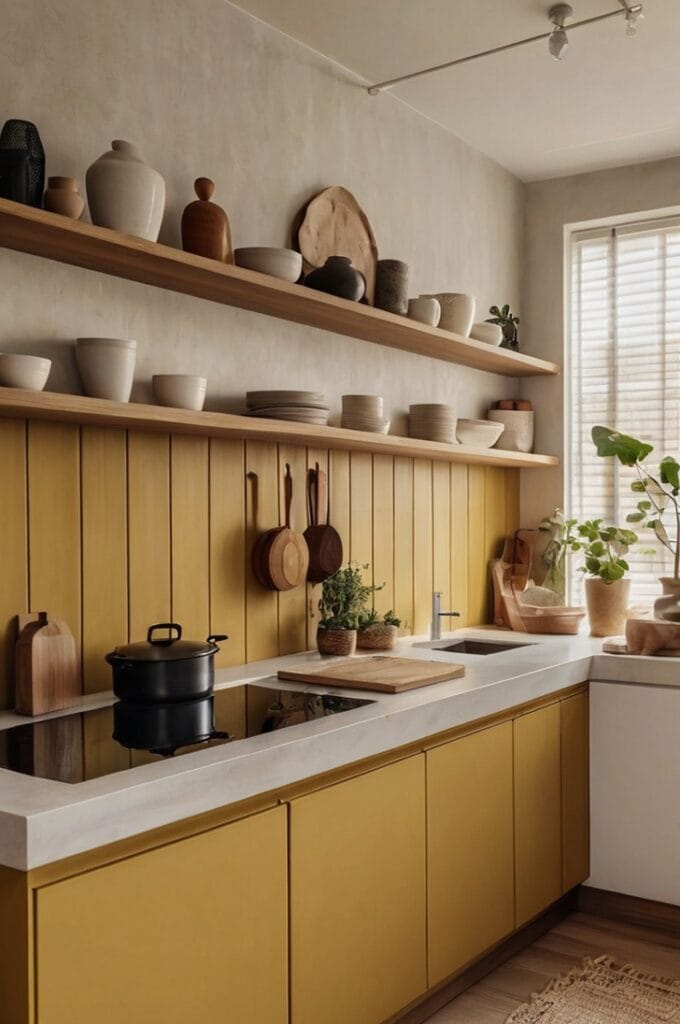 A Scandinavian-inspired kitchen with pale mustard yellow walls that create a warm, cozy atmosphere. Natural wood open shelving is mounted on the walls, displaying simple, minimalistic decor such as white ceramics, glass jars, and small potted plants. The design is clean and modern, with light wood cabinetry, matte finishes, and streamlined forms. Soft natural light fills the space, highlighting the warm tones of the mustard walls and wood textures. Include minimalist pendant lighting and subtle details like a woven rug and linen dish towels. The overall aesthetic is calm, modern, and inviting. Interior photography, natural lighting, 4K resolution, soft color palette, cozy Nordic minimalism