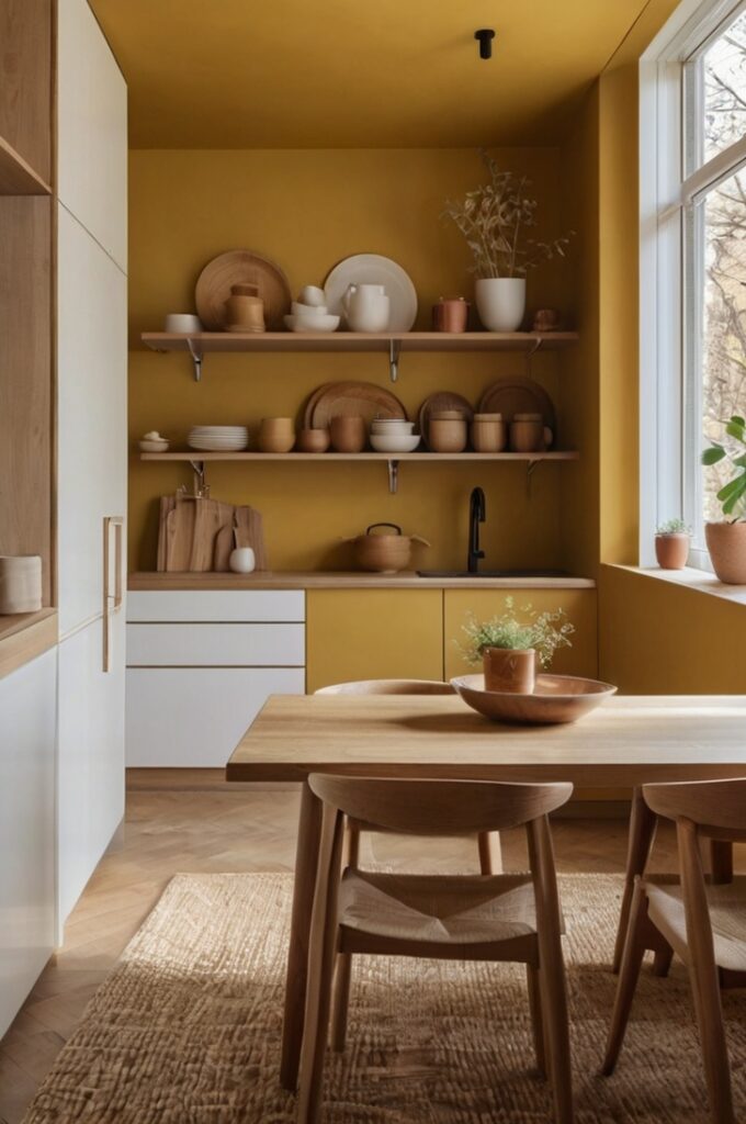 A Scandinavian-inspired kitchen with pale mustard yellow walls that create a warm, cozy atmosphere. Natural wood open shelving is mounted on the walls, displaying simple, minimalistic decor such as white ceramics, glass jars, and small potted plants. The design is clean and modern, with light wood cabinetry, matte finishes, and streamlined forms. Soft natural light fills the space, highlighting the warm tones of the mustard walls and wood textures. Include minimalist pendant lighting and subtle details like a woven rug and linen dish towels. The overall aesthetic is calm, modern, and inviting. Interior photography, natural lighting, 4K resolution, soft color palette, cozy Nordic minimalism