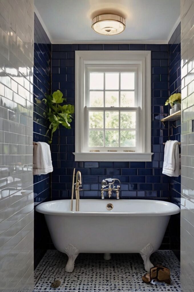 A bathroom featuring a crisp combination of navy blue and white subway tiles. The navy tiles provide a rich, deep color, while the white subway tiles add brightness and contrast, creating a timeless and stylish look. The tile layout is clean and orderly, ideal for making a small bathroom feel more open and spacious. The overall design balances classic elegance with modern freshness, illuminated by soft, natural light.