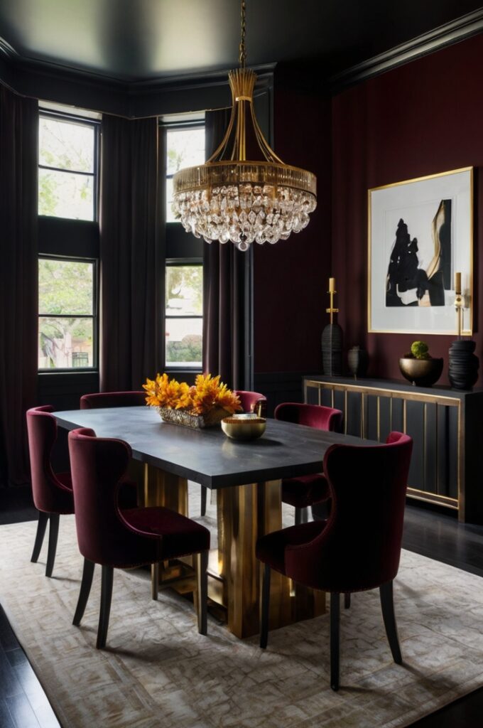 A bold, dramatic dining room featuring a high-contrast burgundy and black color scheme. Deep burgundy walls or furnishings are paired with sleek black elements such as dining chairs, a table, or lighting fixtures. The combination creates a moody, sophisticated atmosphere with a modern edge. Materials like matte black metal, lacquered surfaces, and velvet or leather textures add depth and richness. Soft, warm lighting balances the dark palette, while subtle accents—like gold, crystal, or dark wood—add elegance without disrupting the bold visual impact.