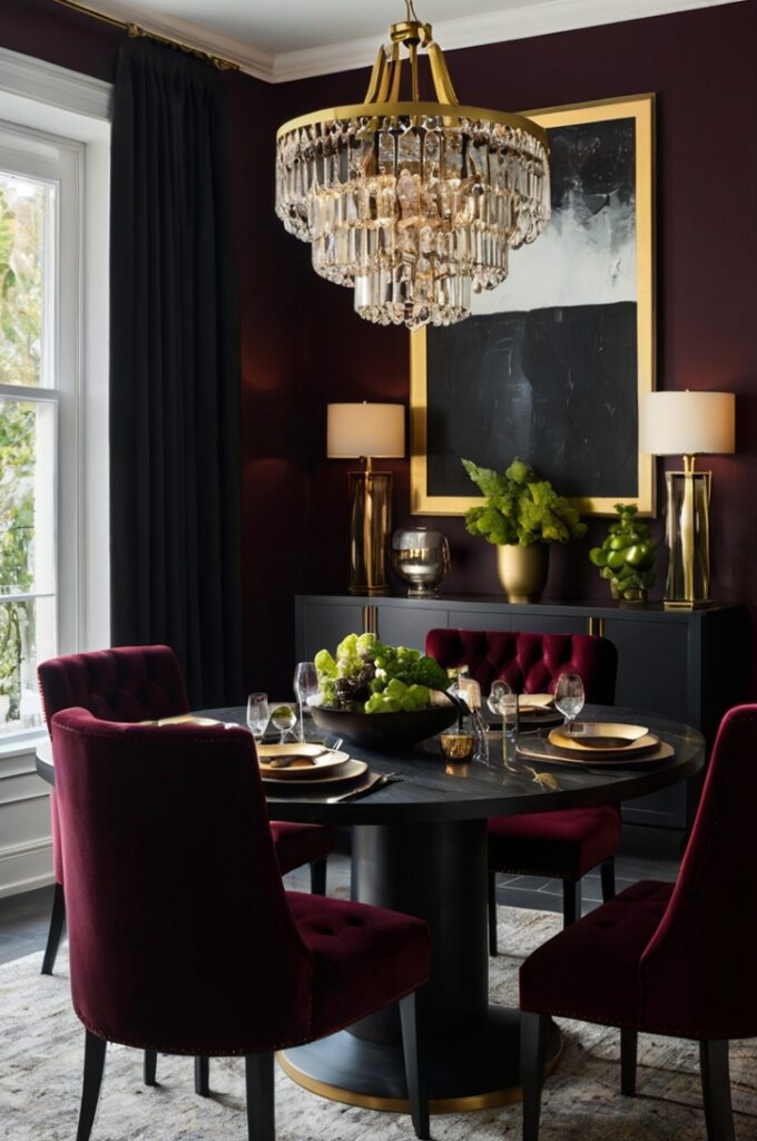 A bold, dramatic dining room featuring a high-contrast burgundy and black color scheme. Deep burgundy walls or furnishings are paired with sleek black elements such as dining chairs, a table, or lighting fixtures. The combination creates a moody, sophisticated atmosphere with a modern edge. Materials like matte black metal, lacquered surfaces, and velvet or leather textures add depth and richness. Soft, warm lighting balances the dark palette, while subtle accents—like gold, crystal, or dark wood—add elegance without disrupting the bold visual impact.