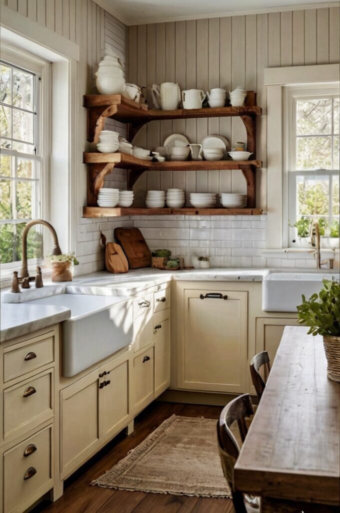 A bright and charming farmhouse kitchen featuring pale yellow Shaker-style cabinets with classic recessed paneling. The cabinets create a soft, airy atmosphere, paired with white countertops—either quartz or marble—for a clean and fresh look. A large white apron-front farmhouse sink adds to the nostalgic country vibe. Include rustic wooden elements like open shelving or ceiling beams, and subtle vintage accents such as ceramic pitchers, mason jars, and potted herbs. Natural daylight streams in through a window, casting a warm, inviting glow. The overall aesthetic is light, welcoming, and full of farmhouse charm. High-resolution, interior photography, natural light, soft color palette, 4K, rustic elegance