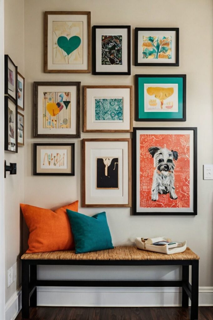 A bright, cheerful hallway featuring a colorful DIY gallery wall as the centerpiece. The wall is decorated with an eclectic mix of vibrant framed art prints, colorful family photos, playful illustrations. Frames come in a variety of bold hues—turquoise, coral, mustard yellow, and teal—arranged in an eye-catching, asymmetrical layout. The space should feel creative, lively, and personal, with plenty of natural light and joyful decor.