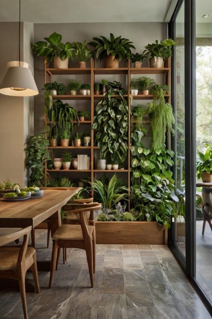 A calming, biophilic dining room that integrates nature to enhance mental health and well-being. The room features an abundance of lush, low-maintenance indoor plants like snake plants, pothos, and peace lilies placed on shelves, floor, and hanging from the ceiling. Natural elements are highlighted throughout the space—wooden textures in the furniture and flooring, stone or clay decor, and nature-inspired artwork on the walls. A small indoor water feature adds a soothing presence, and large windows let in natural light to support the plants and create a serene ambiance. The overall design promotes mindfulness, lowers stress, and fosters a deep connection to the natural world. Style: photorealistic, organic, peaceful, wellness-focused, earthy and inviting.