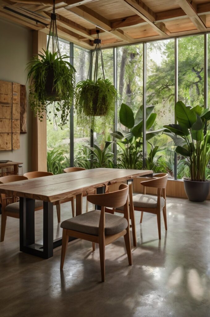A calming, biophilic dining room that integrates nature to enhance mental health and well-being. The room features an abundance of lush, low-maintenance indoor plants like snake plants, pothos, and peace lilies placed on shelves, floor, and hanging from the ceiling. Natural elements are highlighted throughout the space—wooden textures in the furniture and flooring, stone or clay decor, and nature-inspired artwork on the walls. A small indoor water feature adds a soothing presence, and large windows let in natural light to support the plants and create a serene ambiance. The overall design promotes mindfulness, lowers stress, and fosters a deep connection to the natural world. Style: photorealistic, organic, peaceful, wellness-focused, earthy and inviting.
