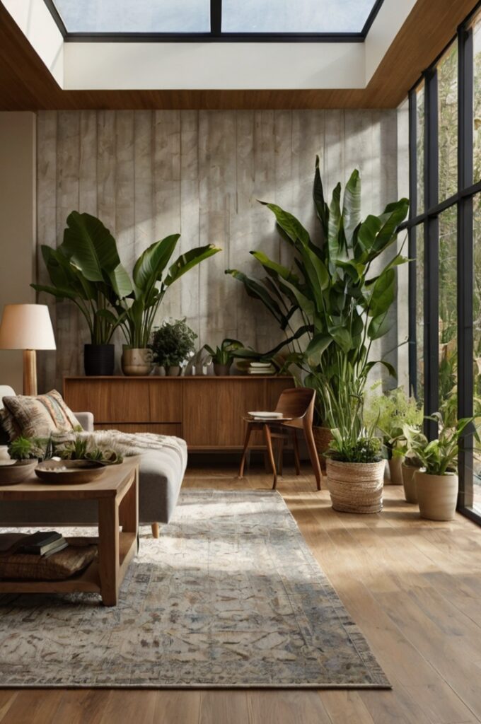A calming, biophilic living room that integrates nature to enhance mental health and well-being. The room features an abundance of lush, low-maintenance indoor plants like snake plants, pothos, and peace lilies placed on shelves, floor, and hanging from the ceiling. Natural elements are highlighted throughout the space—wooden textures in the furniture and flooring, stone or clay decor, and nature-inspired artwork on the walls. A small indoor water feature adds a soothing presence, and large windows let in natural light to support the plants and create a serene ambiance. The overall design promotes mindfulness, lowers stress, and fosters a deep connection to the natural world. Style: photorealistic, organic, peaceful, wellness-focused, earthy and inviting.