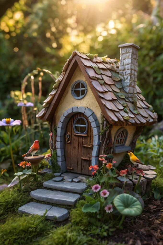 A charming fairy house nestled in a quiet backyard garden during golden hour. The fairy house is nestled among flower beds, crafted from natural materials like bark, twigs, pebbles, and moss. It features a tiny arched wooden door, miniature windows with glowing lantern light inside, and a whimsical chimney puffing out gentle curls of smoke. The roof is made from layered leaves or acorn caps, with delicate fairy-sized furniture scattered around — a tiny table with teacups, a hammock made from spider silk, and stepping stones leading to the entrance. Surrounding the house are everyday backyard items like a watering can, children's toys, a garden hose, and a birdbath — all appearing oversized from the fairy perspective. Butterflies and bees flutter nearby, and a cat lounges curiously in the background.