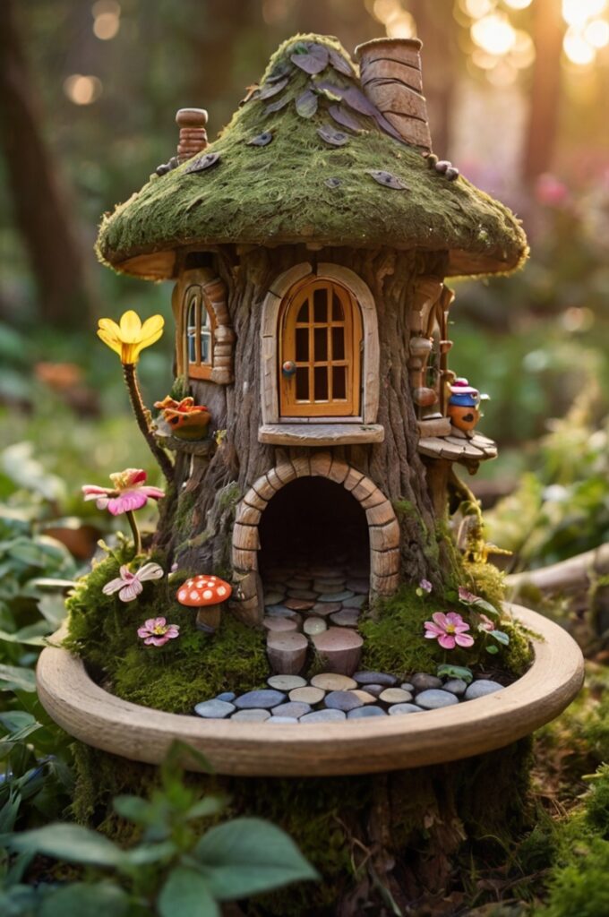 A charming fairy house nestled in a quiet backyard garden during golden hour. The fairy house is built at the base of a tree stump or nestled among flower beds, crafted from natural materials like bark, twigs, pebbles, and moss. It features a tiny arched wooden door, miniature windows with glowing lantern light inside, and a whimsical chimney puffing out gentle curls of smoke. The roof is made from layered leaves or acorn caps, with delicate fairy-sized furniture scattered around — a tiny table with teacups, a hammock made from spider silk, and stepping stones leading to the entrance. Surrounding the house are everyday backyard items like a watering can, children's toys, a garden hose, and a birdbath — all appearing oversized from the fairy perspective. Butterflies and bees flutter nearby, and a cat lounges curiously in the background.