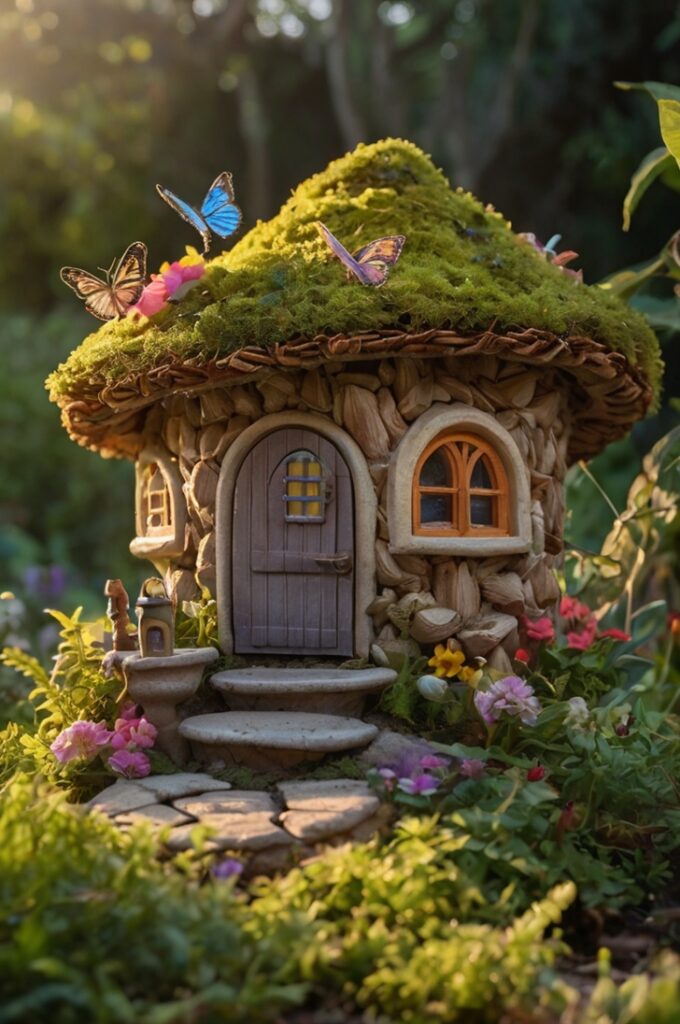 A charming fairy house nestled in a quiet backyard garden during golden hour. The fairy house is nestled among flower beds, crafted from natural materials like bark, twigs, pebbles, and moss. It features a tiny arched wooden door, miniature windows with glowing lantern light inside, and a whimsical chimney puffing out gentle curls of smoke. The roof is made from layered leaves or acorn caps, with delicate fairy-sized furniture scattered around — a tiny table with teacups, a hammock made from spider silk, and stepping stones leading to the entrance. Surrounding the house are everyday backyard items like a watering can, children's toys, a garden hose, and a birdbath — all appearing oversized from the fairy perspective. Butterflies and bees flutter nearby, and a cat lounges curiously in the background.