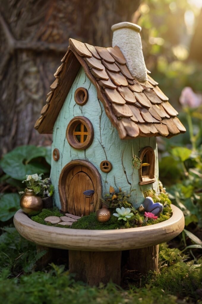 A charming fairy house nestled in a quiet backyard garden during golden hour. The fairy house is built at the base of a tree stump or nestled among flower beds, crafted from natural materials like bark, twigs, pebbles, and moss. It features a tiny arched wooden door, miniature windows with glowing lantern light inside, and a whimsical chimney puffing out gentle curls of smoke. The roof is made from layered leaves or acorn caps, with delicate fairy-sized furniture scattered around — a tiny table with teacups, a hammock made from spider silk, and stepping stones leading to the entrance. Surrounding the house are everyday backyard items like a watering can, children's toys, a garden hose, and a birdbath — all appearing oversized from the fairy perspective. Butterflies and bees flutter nearby, and a cat lounges curiously in the background.
