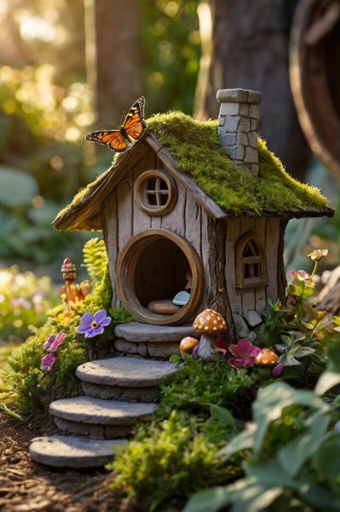 A charming fairy house nestled in a quiet backyard garden during golden hour. The fairy house is built at the base of a tree stump or nestled among flower beds, crafted from natural materials like bark, twigs, pebbles, and moss. It features a tiny arched wooden door, miniature windows with glowing lantern light inside, and a whimsical chimney puffing out gentle curls of smoke. The roof is made from layered leaves or acorn caps, with delicate fairy-sized furniture scattered around — a tiny table with teacups, a hammock made from spider silk, and stepping stones leading to the entrance. Surrounding the house are everyday backyard items like a watering can, children's toys, a garden hose, and a birdbath — all appearing oversized from the fairy perspective. Butterflies and bees flutter nearby, and a cat lounges curiously in the background.