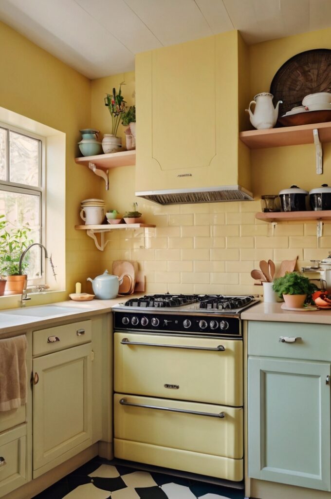 A charming kitchen featuring retro-style vintage appliances in soft pastel yellow, reminiscent of SMEG designs. The appliances include a rounded refrigerator and a classic stove, adding a playful yet nostalgic vibe. Surround the appliances with light-colored cabinets and simple countertops to keep the space light and airy. Include subtle vintage touches like patterned tile flooring, open shelving with colorful dishware, and potted herbs on the windowsill. Soft natural light brightens the room, enhancing the cheerful, retro-modern atmosphere. Interior photography, cozy vintage style, 4K resolution, playful and light color palette.