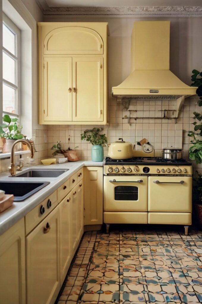 A charming kitchen featuring retro-style vintage appliances in soft pastel yellow, reminiscent of SMEG designs. The appliances include a rounded refrigerator and a classic stove, adding a playful yet nostalgic vibe. Surround the appliances with light-colored cabinets and simple countertops to keep the space light and airy. Include subtle vintage touches like patterned tile flooring, open shelving with colorful dishware, and potted herbs on the windowsill. Soft natural light brightens the room, enhancing the cheerful, retro-modern atmosphere. Interior photography, cozy vintage style, 4K resolution, playful and light color palette.