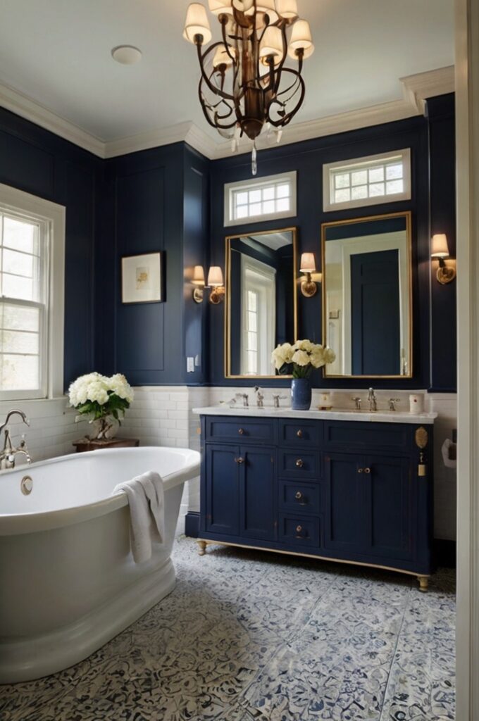 A classic bathroom featuring two-tone walls with a deep navy blue base and crisp white or cream upper walls. The navy lower half adds richness and grounding, while the lighter upper walls keep the space bright and airy. This traditional design gains a fresh, modern twist through clean lines and simple molding that separates the colors. The overall look is elegant, balanced, and timeless, enhanced by soft, natural lighting