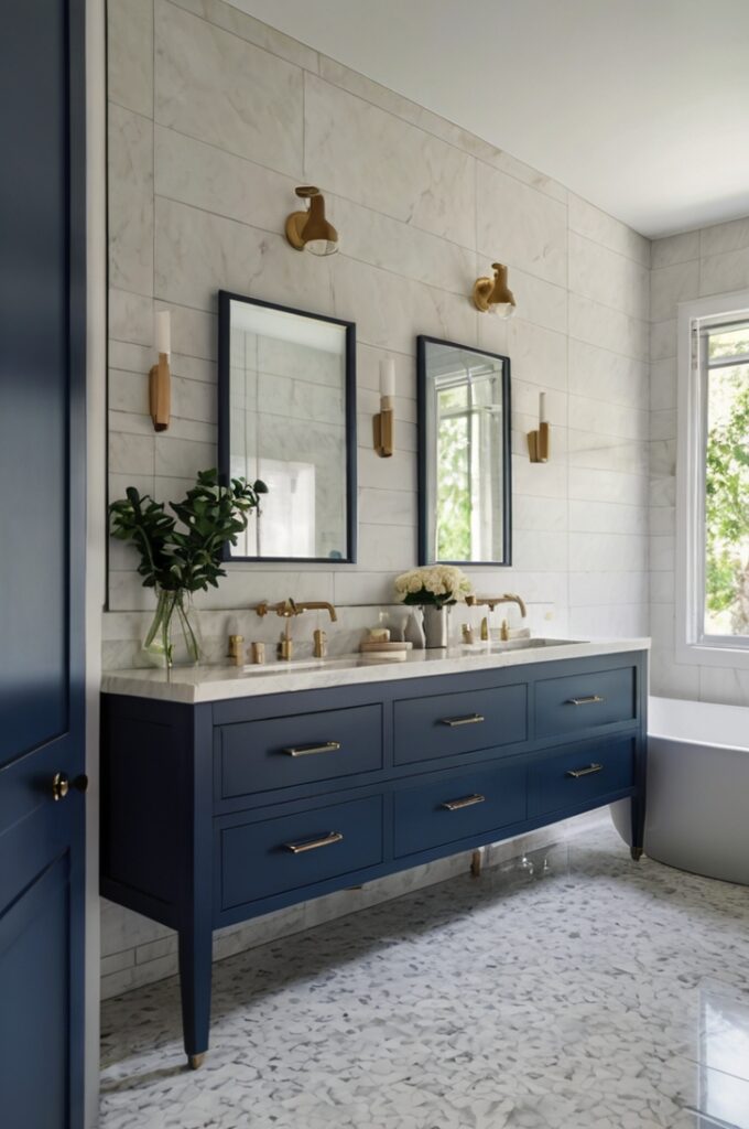 A clean, modern bathroom featuring a minimalist navy blue vanity with sleek, simple lines. The vanity is topped with crisp white countertops that enhance the fresh and airy feel of the space. Decor is understated and purposeful, with minimal accessories and neutral tones, emphasizing simplicity and elegance. Soft natural light brightens the room, highlighting the bold navy against the pristine white surroundings for a balanced and contemporary look