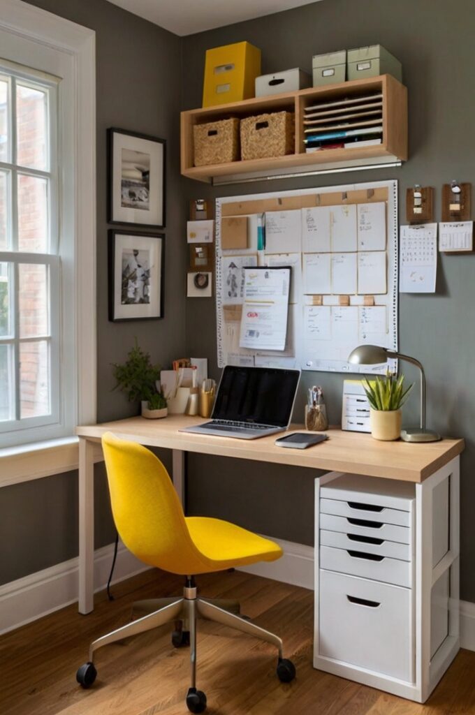 A compact and efficient home office setup, designed to maximize vertical space. The workspace features a clean desk with a corkboard mounted on the wall above it, neatly organizing notes, office supplies, and small tools. The corkboard includes pinned notes, calendars, and small containers, keeping everything within easy reach and off the desktop. The overall aesthetic is modern and organized, with a focus on functionality and minimalism. Natural light brightens the space, emphasizing the smart use of vertical storage in a small living environment.