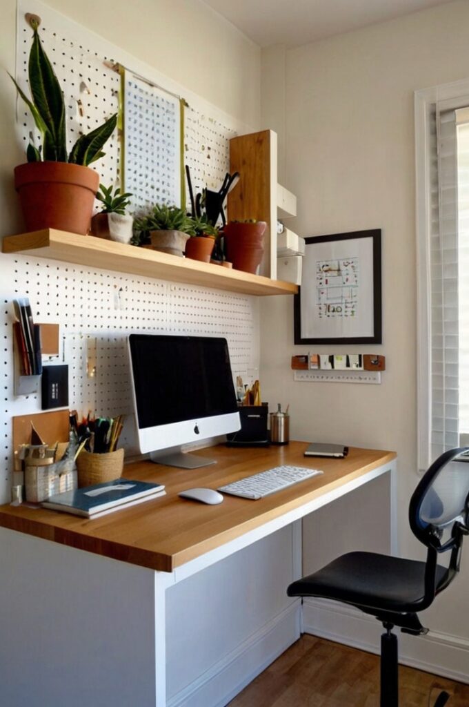 A compact and efficient home office setup in a small apartment, designed to maximize vertical space. The workspace features a clean desk with a pegboard mounted on the wall above it, neatly organizing notes, office supplies, and small tools. The pegboard includes hanging containers, hooks, and clips, keeping everything within easy reach and off the desktop. The overall aesthetic is modern and organized, with a focus on functionality and minimalism. Natural light brightens the space, emphasizing the smart use of vertical storage in a small living environment.
