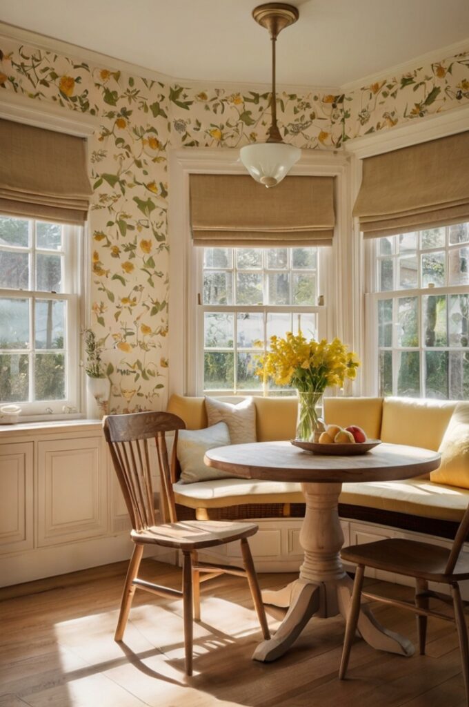 A cozy and charming breakfast nook in the corner of a bright kitchen, with soft yellow floral-patterned wallpaper covering the walls. The wallpaper features delicate white blossoms with subtle leaves on a warm pastel yellow background. A built-in white banquette with tufted cushions in light beige wraps around the corner, paired with a round wooden pedestal table finished in natural oak. Two vintage-style spindle-back dining chairs painted in pale cream are placed around the table. A vase with fresh daisies sits at the center of the table. Above the nook, a small antique brass pendant light with a frosted glass shade provides soft illumination. The floor is honey-toned hardwood, and a large window with sheer white curtains lets in morning sunlight, casting a warm glow across the space. The surrounding kitchen cabinetry is painted soft white. Interior photography, high-resolution, 4K, bright and romantic cottage aesthetic with soft natural lighting.