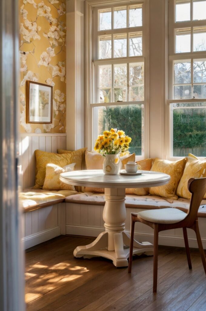 A cozy and charming breakfast nook in the corner of a bright kitchen, with soft yellow floral-patterned wallpaper covering the walls. The wallpaper features delicate white blossoms with subtle leaves on a warm pastel yellow background. A built-in white banquette with tufted cushions in light beige wraps around the corner, paired with a round wooden pedestal table finished in natural oak. Two vintage-style spindle-back dining chairs painted in pale cream are placed around the table. A vase with fresh daisies sits at the center of the table. Above the nook, a small antique brass pendant light with a frosted glass shade provides soft illumination. The floor is honey-toned hardwood, and a large window with sheer white curtains lets in morning sunlight, casting a warm glow across the space. The surrounding kitchen cabinetry is painted soft white. Interior photography, high-resolution, 4K, bright and romantic cottage aesthetic with soft natural lighting.