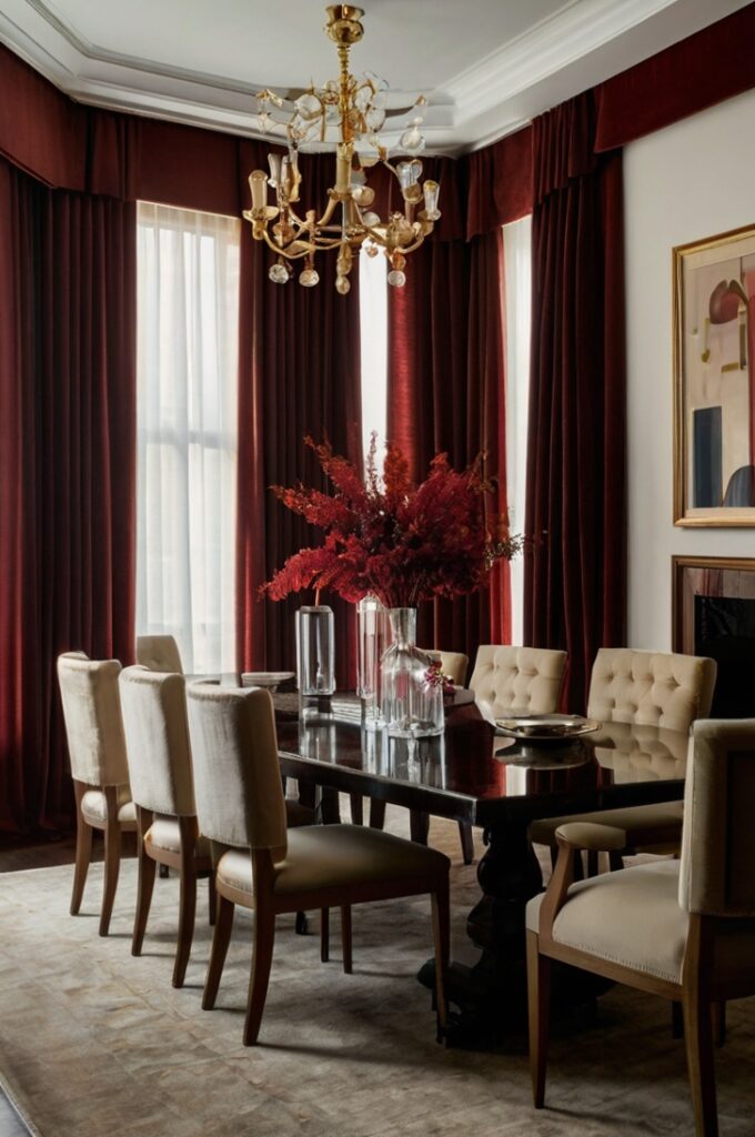A cozy, elegant dining room featuring floor-length burgundy curtains that gracefully frame large windows. The deep burgundy fabric adds warmth and drama to the space, enhancing a sense of intimacy—ideal for formal dinners. The curtains have a soft, luxurious texture, pooling slightly at the floor for a sophisticated touch. The dining room includes a dark wood table, plush upholstered chairs, ambient layered lighting (such as candles), and subtle brass accents. The overall mood is warm, enveloping, and refined.