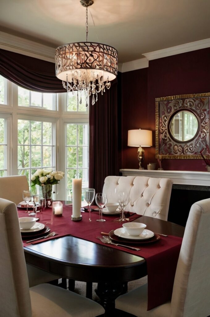 A cozy, elegant dining room with a table with burgundy runner and burgundy napkins. The deep burgundy fabric adds warmth and subtle sophistication to the dining setup without overwhelming the space. The table is set with fine dinnerware, glassware, and a tasteful centerpiece that complement the color scheme. Surrounding the table are upholstered chairs and soft, ambient lighting that highlights the inviting atmosphere. The overall scene feels polished, warm, and perfectly coordinated.