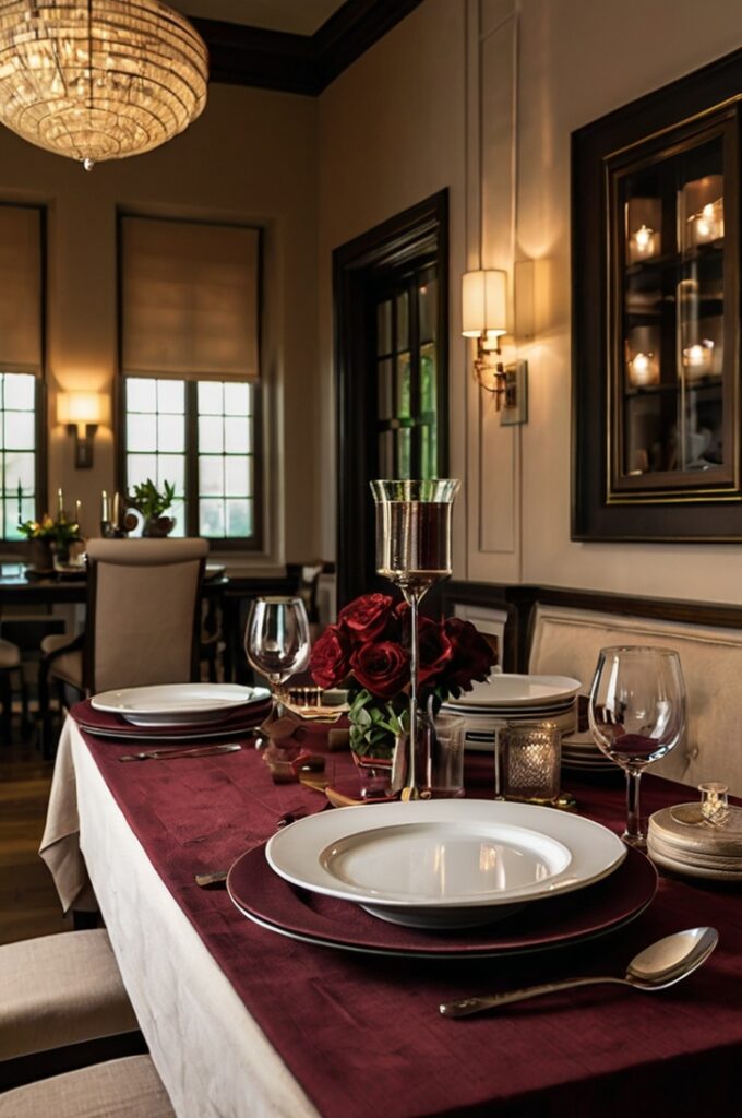 A cozy, elegant dining room with a table with burgundy runner and burgundy napkins. The deep burgundy fabric adds warmth and subtle sophistication to the dining setup without overwhelming the space. The table is set with fine dinnerware, glassware, and a tasteful centerpiece that complement the color scheme. Surrounding the table are upholstered chairs and soft, ambient lighting that highlights the inviting atmosphere. The overall scene feels polished, warm, and perfectly coordinated.