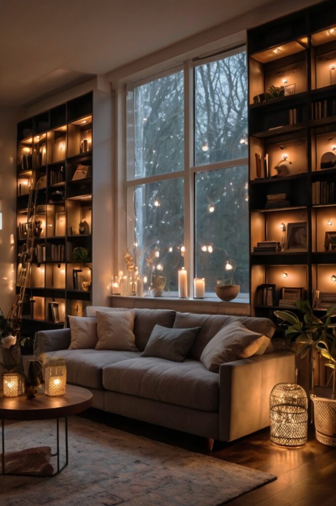A cozy, modern interior featuring accent lighting as the mood-setting layer. Warm-toned fairy lights are delicately draped around a bookshelf. The lighting adds a whimsical, inviting ambiance with a touch of drama and sophistication. The room has a relaxed, intimate feel, with boho-chic decor, soft textures, and a focus on atmosphere and visual interest created by the layered light.