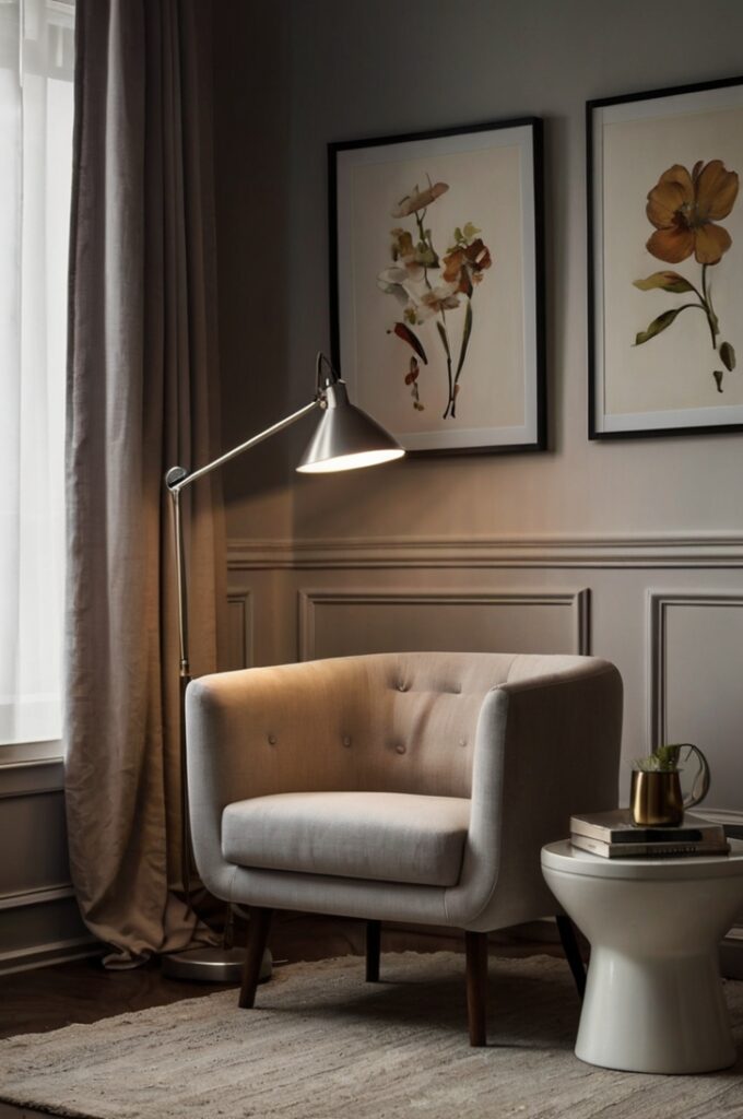 A cozy modern living room corner setting featuring task lighting as the functional layer. A sleek floor lamp with a directional, adjustable head is positioned beside a comfortable armchair, casting a focused beam of light ideal for reading. The lighting is soft yet concentrated, avoiding harshness while clearly illuminating a specific area. The environment is warm and functional, with clean, contemporary decor, neutral tones, and subtle ambient lighting in the background to enhance contrast and depth.