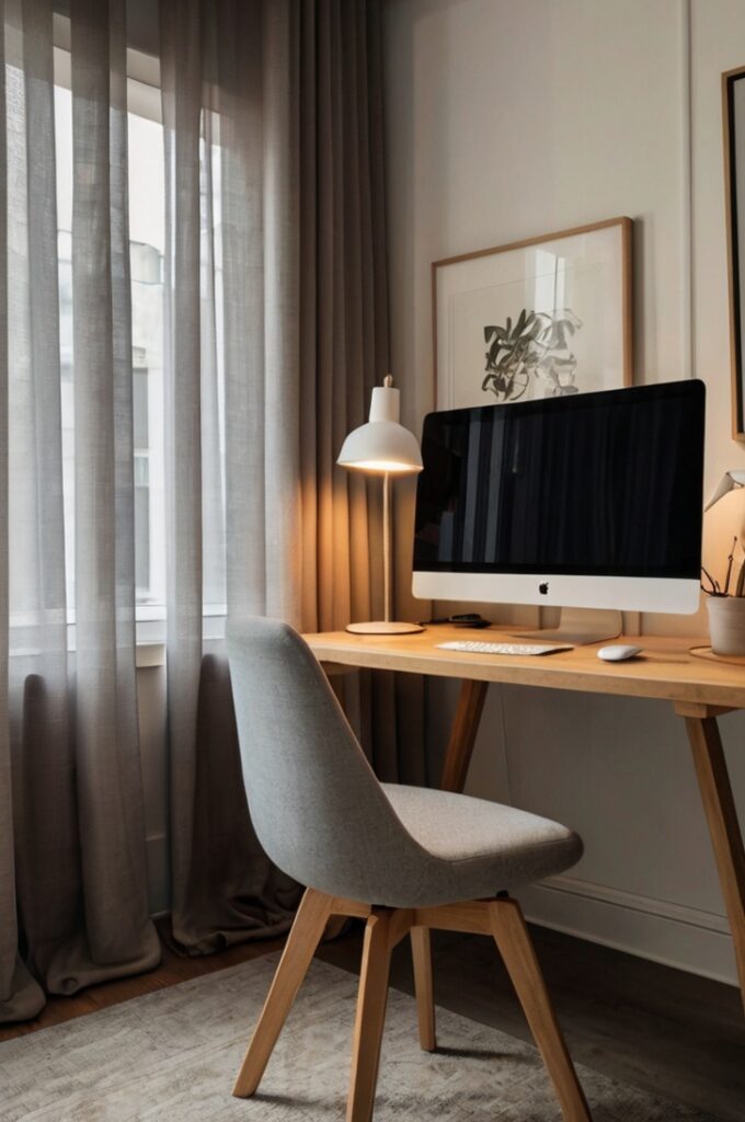 A cozy small home office setup in a modern apartment, visually separated from the rest of the room by a soft, flowing curtain acting as a room divider. The workspace features a minimalist desk with a laptop, a comfortable chair, and a small desk lamp. The curtain is light-colored, semi-transparent, and gently draped to create a distinct, private office zone. Natural light filters through, adding warmth and calm to the space. The overall atmosphere feels peaceful and focused, promoting work-life balance in a remote work environment.