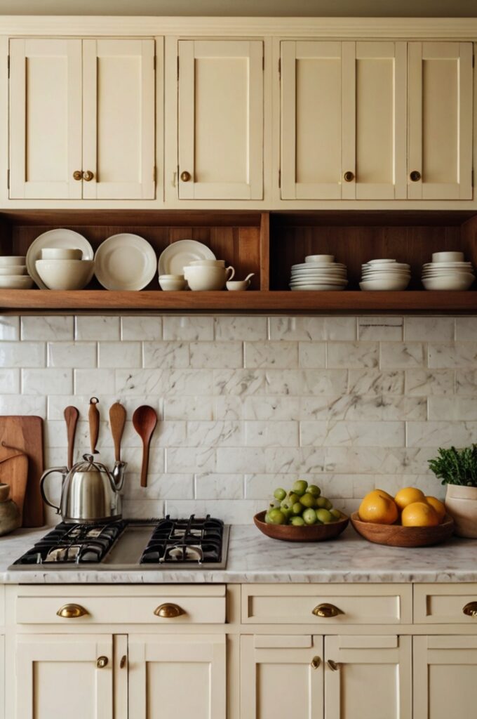 A cozy vintage-style kitchen with buttery yellow cabinets, featuring soft, warm tones and classic panel detailing. Elegant brass handles and knobs reflect gentle light, adding a touch of subtle luxury. The kitchen is bathed in soft natural light from a nearby window. White marble or light quartz countertops and a neutral-toned tile backsplash enhance the airy feel. Include vintage accessories like a ceramic fruit bowl, a retro toaster, and small potted herbs on the counter. The overall color palette is uplifting, warm, and harmonious, evoking a sense of charm and timeless elegance. Interior photography, soft focus, natural lighting, 4K, cinematic style