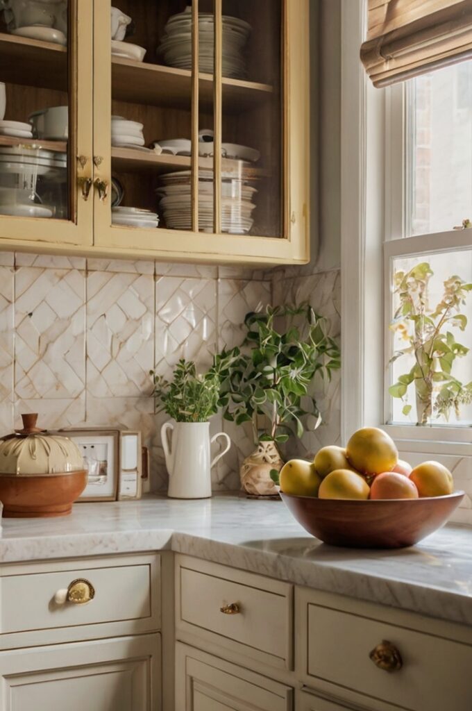 A cozy vintage-style kitchen with buttery yellow cabinets, featuring soft, warm tones and classic panel detailing. Elegant brass handles and knobs reflect gentle light, adding a touch of subtle luxury. The kitchen is bathed in soft natural light from a nearby window. White marble or light quartz countertops and a neutral-toned tile backsplash enhance the airy feel. Include vintage accessories like a ceramic fruit bowl, a retro toaster, and small potted herbs on the counter. The overall color palette is uplifting, warm, and harmonious, evoking a sense of charm and timeless elegance. Interior photography, soft focus, natural lighting, 4K, cinematic style