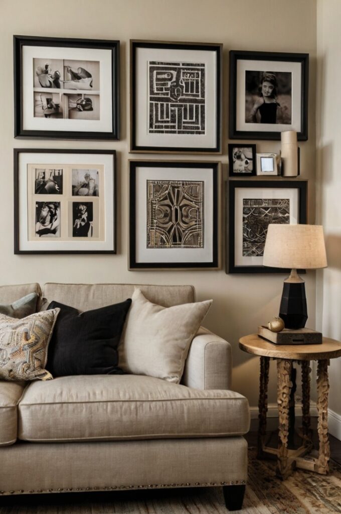 A cozy, well-lit living room featuring a DIY gallery wall as the focal point. The wall is creatively arranged with a mix of framed art prints, black-and-white family photos, small decorative mirrors, and minimalist shelves holding tiny trinkets. The frames vary in size, color (such as black, gold, and natural wood), and orientation, giving the display an eclectic yet balanced look. The room should feel warm, personalized, and full of character.