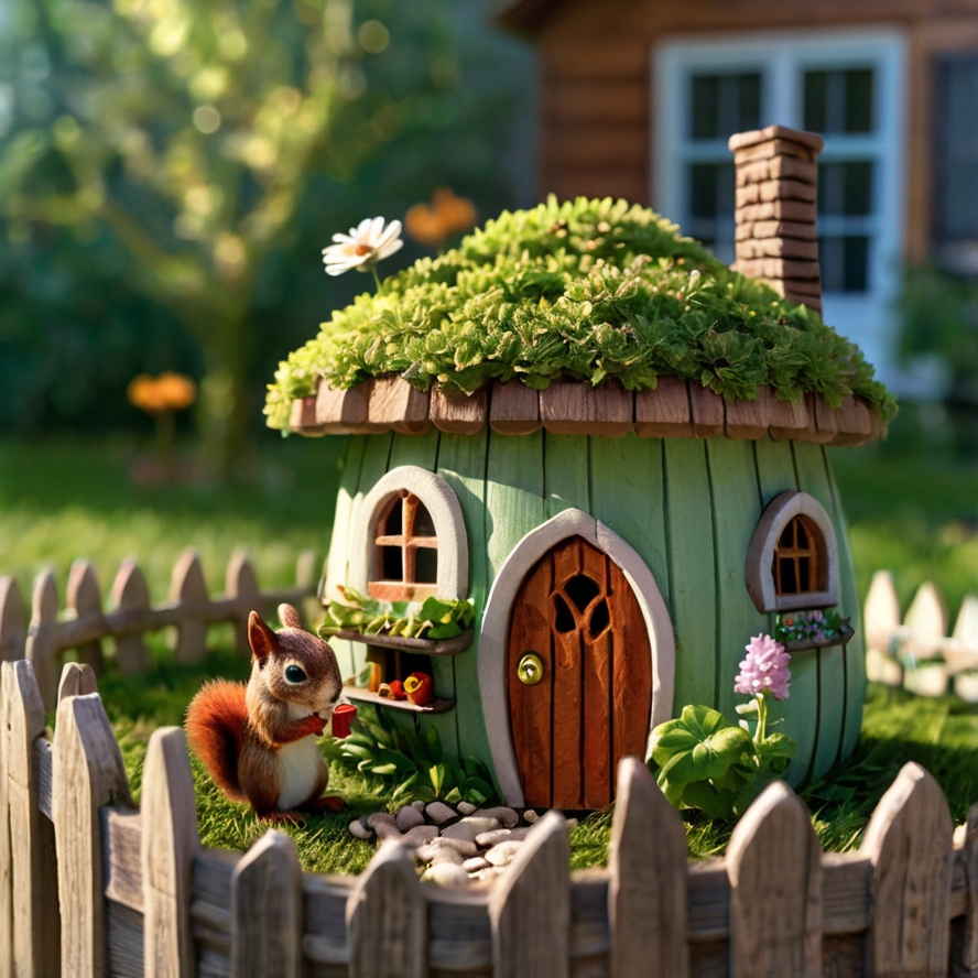 A delightful fairy house nestled under a blooming hydrangea bush in a cozy backyard garden, designed with a whimsical, DIY aesthetic. The house is crafted from a repurposed teapot, its spout turned into a chimney. The lid serves as a quirky roof topped with tiny pinecones and glittering stones. Colorful bottle caps form window shutters, and popsicle sticks create a picket fence around the home. A winding pebble path leads to a round front door with a leaf-shaped welcome mat. Nearby, a matchbox serves as a tiny mailbox, and a miniature clothesline hangs between twigs, with leaf and flower petal garments swaying in the breeze. Sunlight filters through tree branches, casting dappled light on the vibrant green grass. A curious squirrel peeks from behind a garden gnome, and ladybugs crawl across a nearby leaf