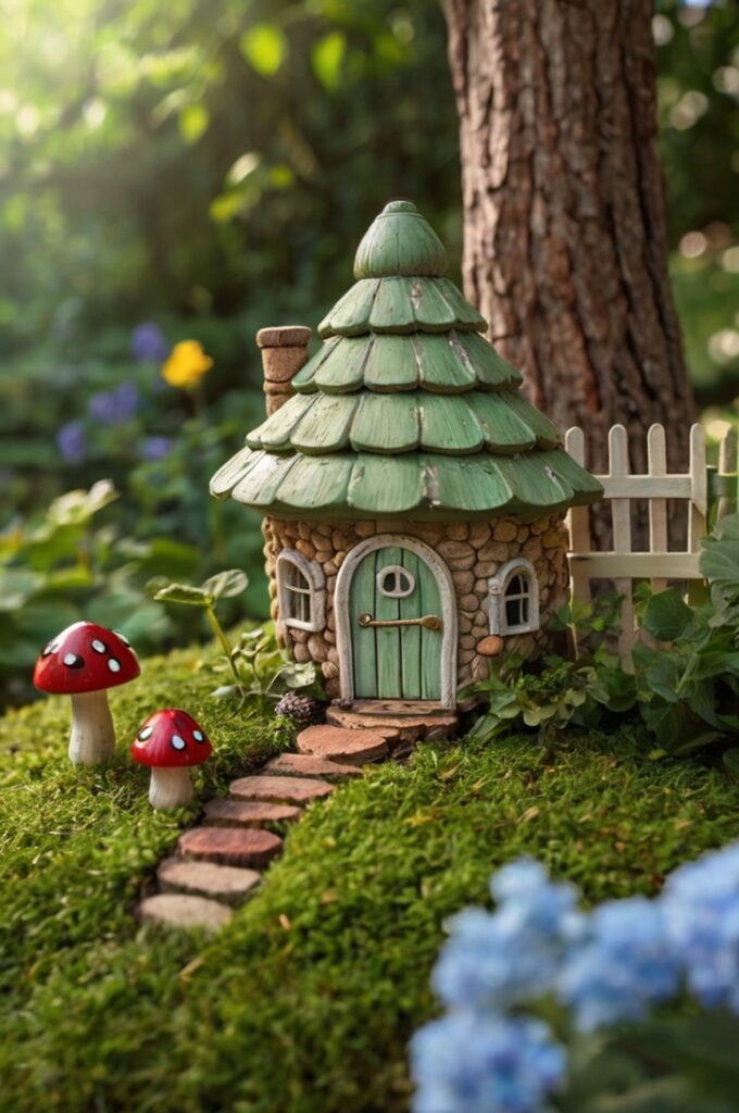 A delightful fairy house nestled under a blooming hydrangea bush in a cozy backyard garden, designed with a whimsical, DIY aesthetic. The house is crafted from a repurposed teapot, its spout turned into a chimney. The lid serves as a quirky roof topped with tiny pinecones and glittering stones. Colorful bottle caps form window shutters, and popsicle sticks create a picket fence around the home. A winding pebble path leads to a round front door with a leaf-shaped welcome mat. Nearby, a matchbox serves as a tiny mailbox, and a miniature clothesline hangs between twigs, with leaf and flower petal garments swaying in the breeze. Sunlight filters through tree branches, casting dappled light on the vibrant green grass. A curious squirrel peeks from behind a garden gnome, and ladybugs crawl across a nearby leaf.