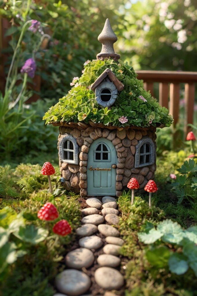 A delightful fairy house nestled under a blooming hydrangea bush in a cozy backyard garden, designed with a whimsical, DIY aesthetic. The house is crafted from a repurposed teapot, its spout turned into a chimney. The lid serves as a quirky roof topped with tiny pinecones and glittering stones. Colorful bottle caps form window shutters, and popsicle sticks create a picket fence around the home. A winding pebble path leads to a round front door with a leaf-shaped welcome mat. Nearby, a matchbox serves as a tiny mailbox, and a miniature clothesline hangs between twigs, with leaf and flower petal garments swaying in the breeze. Sunlight filters through tree branches, casting dappled light on the vibrant green grass. A curious squirrel peeks from behind a garden gnome, and ladybugs crawl across a nearby leaf.