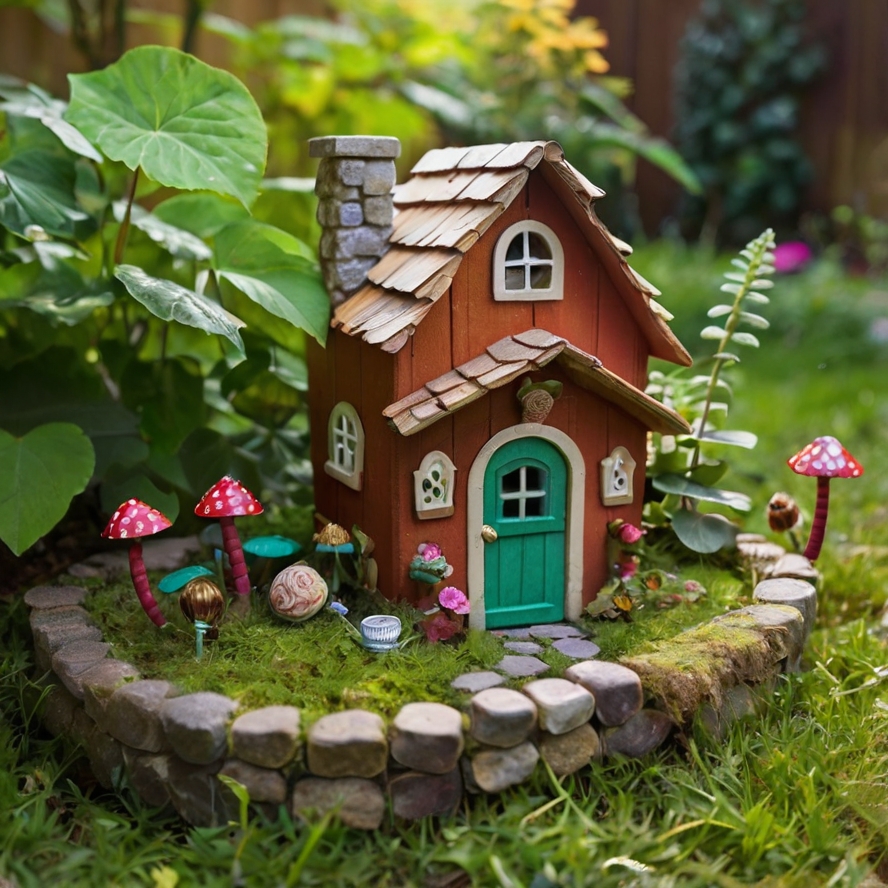 A delightful fairy house nestled under a blooming hydrangea bush in a cozy backyard garden, designed with a whimsical, DIY aesthetic. The house is crafted from a repurposed teapot, its spout turned into a chimney. The lid serves as a quirky roof topped with tiny pinecones and glittering stones. Colorful bottle caps form window shutters, and popsicle sticks create a picket fence around the home. A winding pebble path leads to a round front door with a leaf-shaped welcome mat. Nearby, a matchbox serves as a tiny mailbox, and a miniature clothesline hangs between twigs, with leaf and flower petal garments swaying in the breeze. Sunlight filters through tree branches, casting dappled light on the vibrant green grass. A curious squirrel peeks from behind a garden gnome, and ladybugs crawl across a nearby leaf