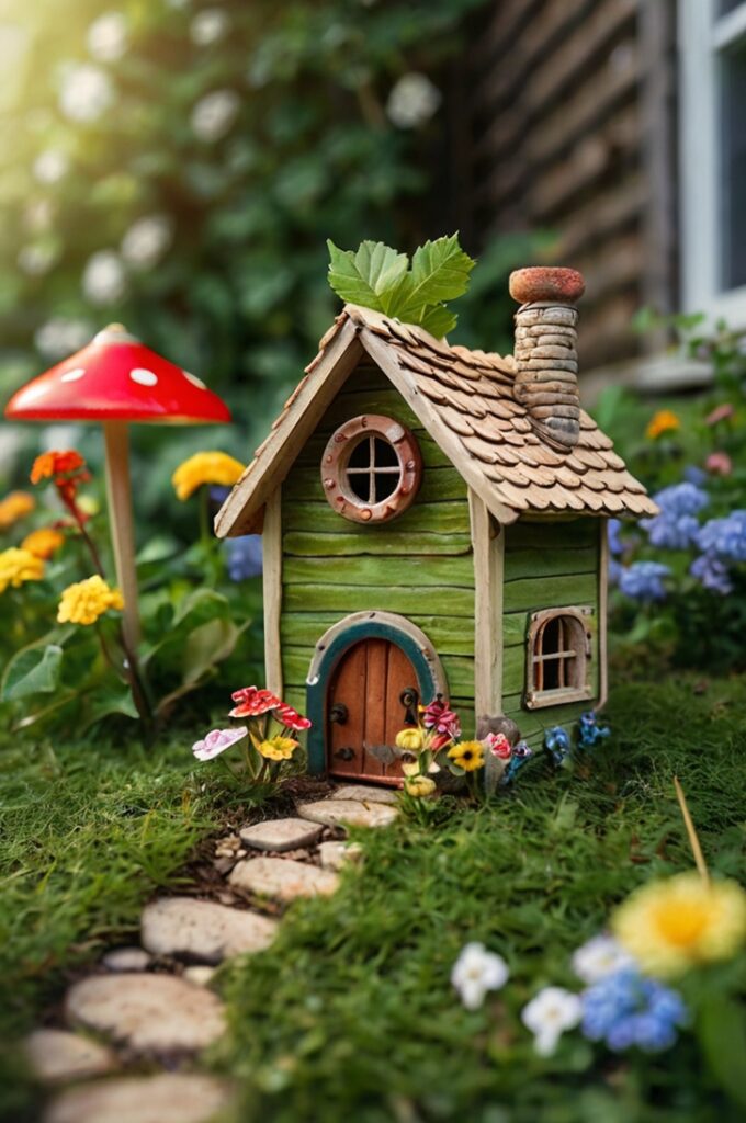 A delightful fairy house nestled under a blooming hydrangea bush in a cozy backyard garden, designed with a whimsical, DIY aesthetic. The house is crafted from a repurposed teapot, its spout turned into a chimney. The lid serves as a quirky roof topped with tiny pinecones and glittering stones. Colorful bottle caps form window shutters, and popsicle sticks create a picket fence around the home. A winding pebble path leads to a round front door with a leaf-shaped welcome mat. Nearby, a matchbox serves as a tiny mailbox, and a miniature clothesline hangs between twigs, with leaf and flower petal garments swaying in the breeze. Sunlight filters through tree branches, casting dappled light on the vibrant green grass. A curious squirrel peeks from behind a garden gnome, and ladybugs crawl across a nearby leaf.